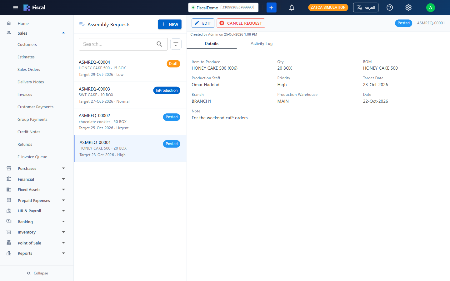 Assembly requests, with their status, target date and priority